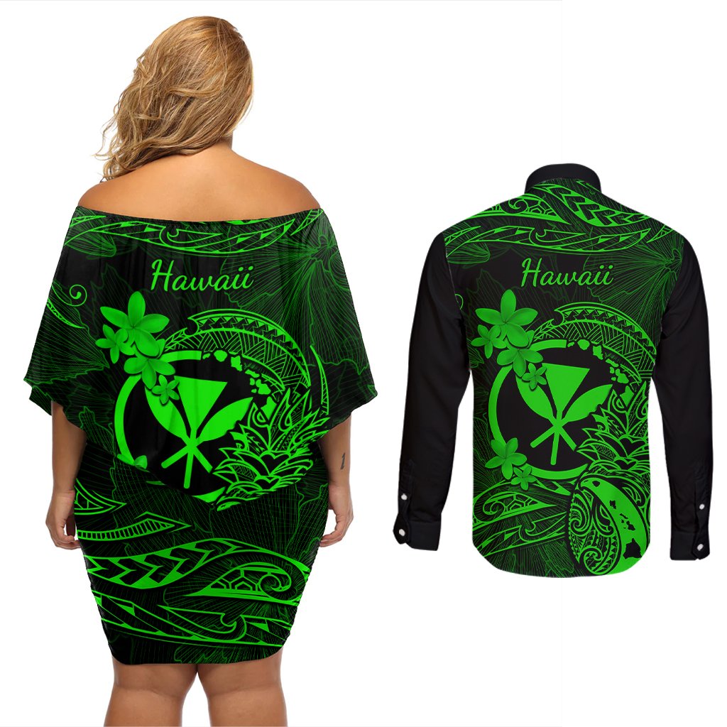 hawaii-couples-matching-off-shoulder-short-dress-and-long-sleeve-button-shirts-pineapple-mix-polynesian-plumeria-green-version