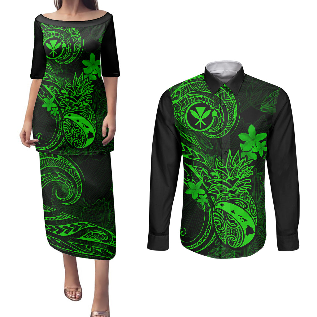 hawaii-couples-matching-puletasi-dress-and-long-sleeve-button-shirts-pineapple-mix-polynesian-plumeria-green-version