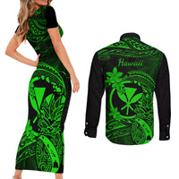 hawaii-couples-matching-short-sleeve-bodycon-dress-and-long-sleeve-button-shirts-pineapple-mix-polynesian-plumeria-green-version