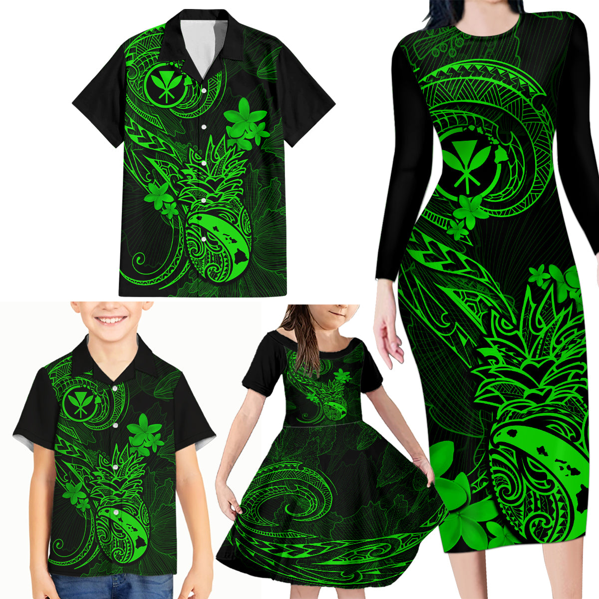 hawaii-family-matching-long-sleeve-bodycon-dress-and-hawaiian-shirt-pineapple-mix-polynesian-plumeria-green-version