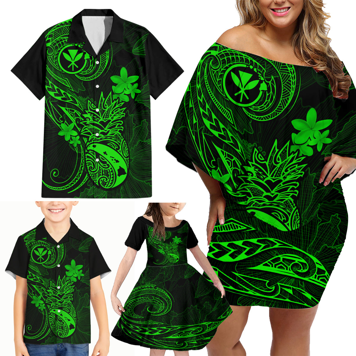 hawaii-family-matching-off-shoulder-short-dress-and-hawaiian-shirt-pineapple-mix-polynesian-plumeria-green-version