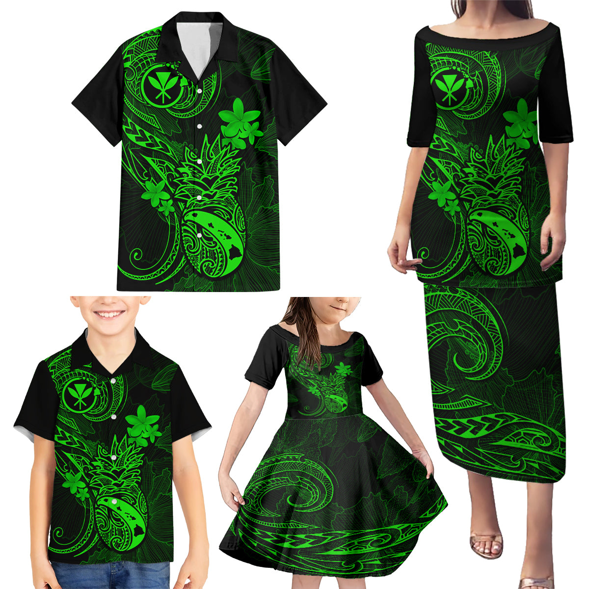 Hawaii Family Matching Puletasi Dress and Hawaiian Shirt Pineapple Mix Polynesian Plumeria Green Version LT14 - Polynesian Pride