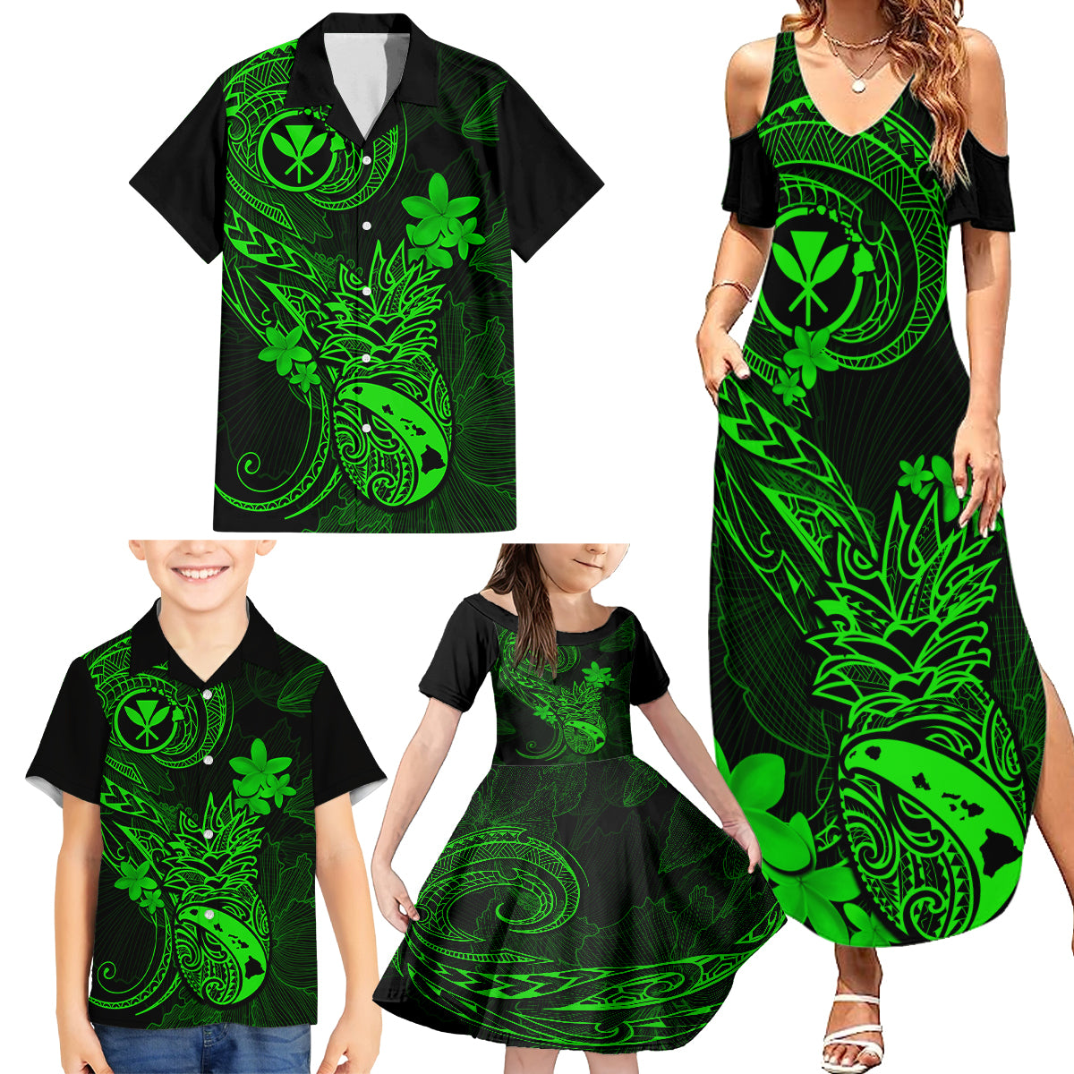 hawaii-family-matching-summer-maxi-dress-and-hawaiian-shirt-pineapple-mix-polynesian-plumeria-green-version