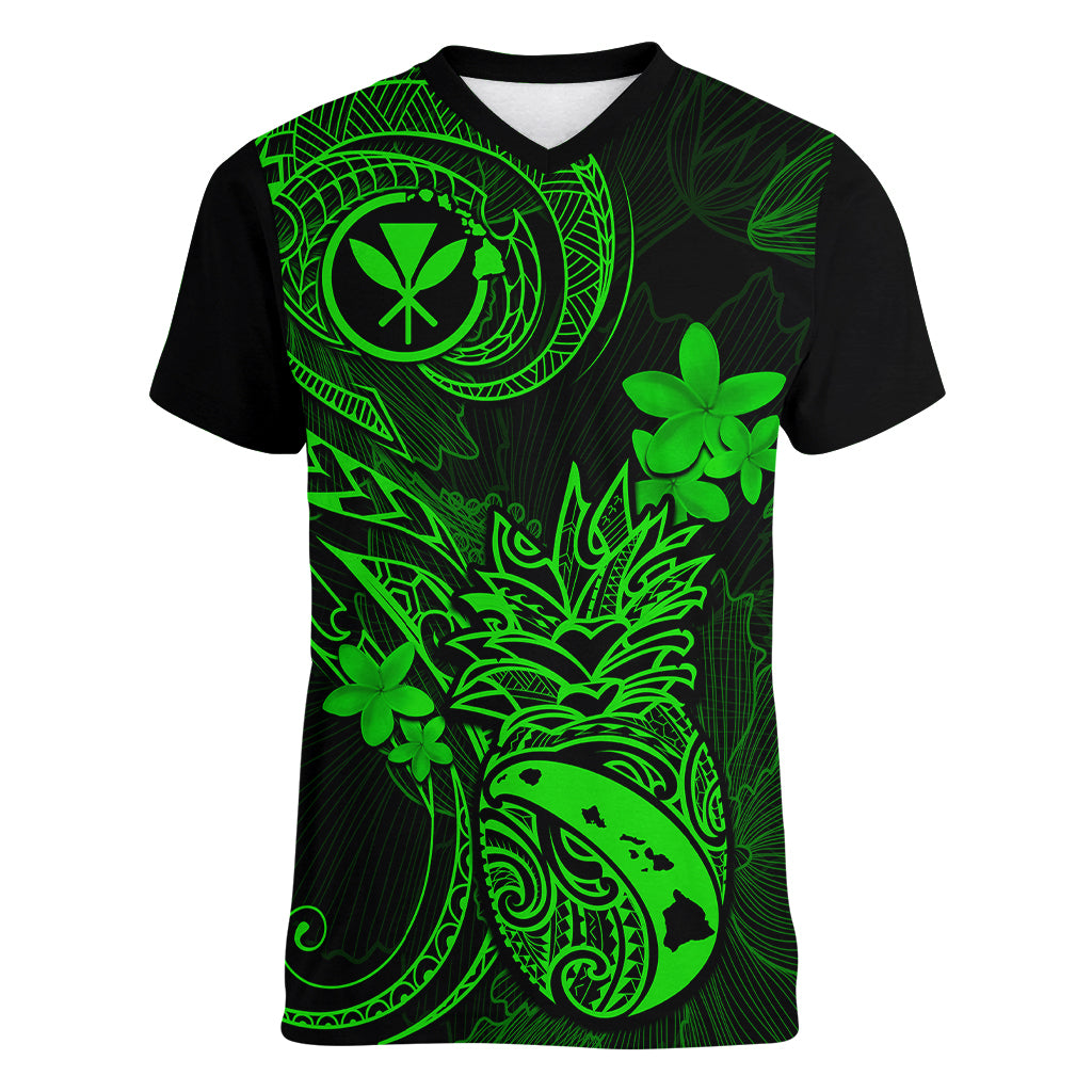hawaii-women-v-neck-t-shirt-pineapple-mix-polynesian-plumeria-green-version