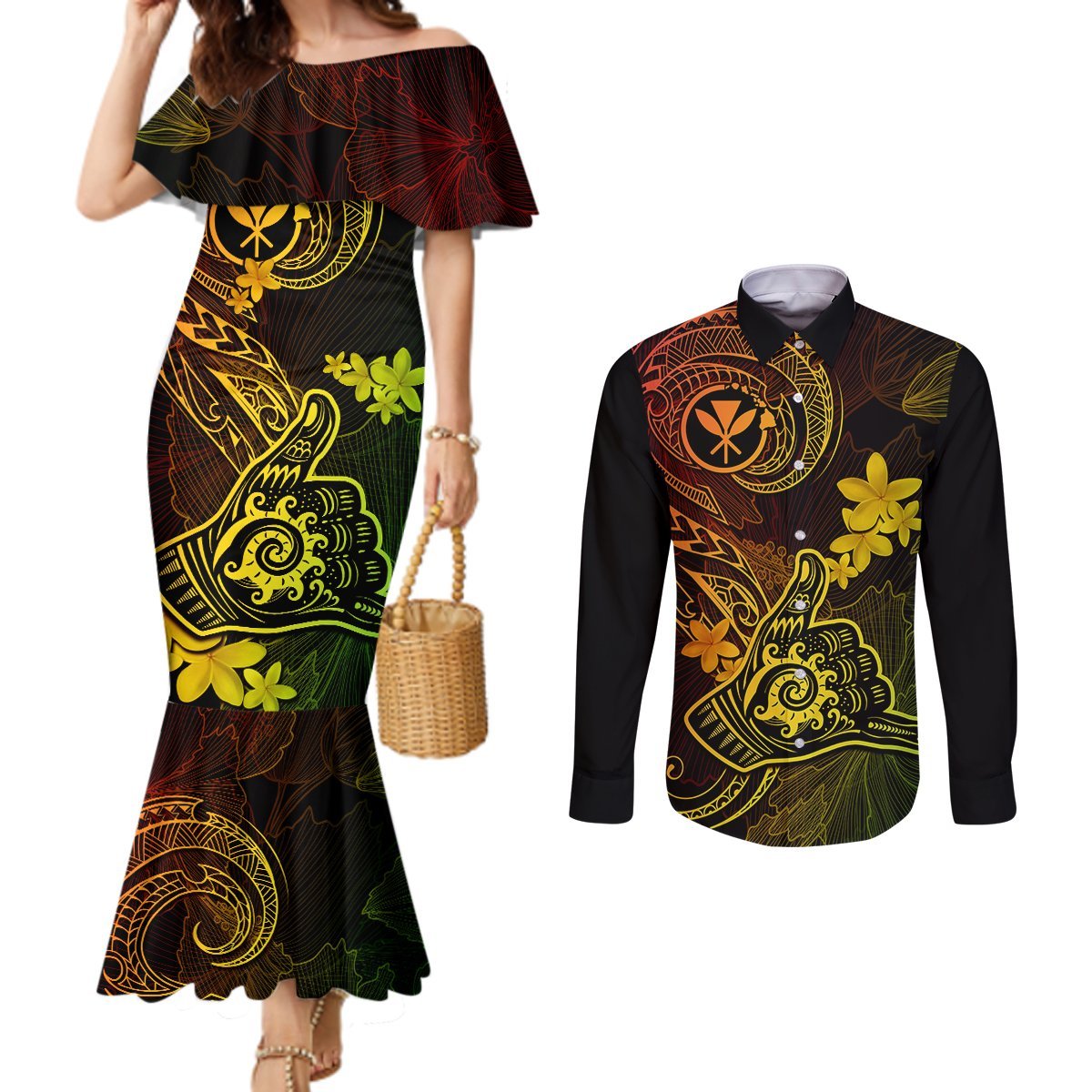 Hawaii Couples Matching Mermaid Dress and Long Sleeve Button Shirts Shaka Tattoo Mix Polynesian Plumeria Reggae Version LT14 Reggae - Polynesian Pride