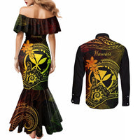 Hawaii Couples Matching Mermaid Dress and Long Sleeve Button Shirts Shaka Tattoo Mix Polynesian Plumeria Reggae Version LT14 - Polynesian Pride