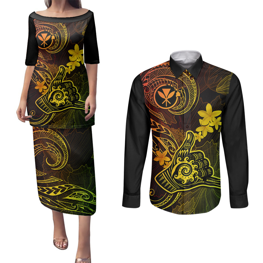 hawaii-couples-matching-puletasi-dress-and-long-sleeve-button-shirts-shaka-tattoo-mix-polynesian-plumeria-reggae-version