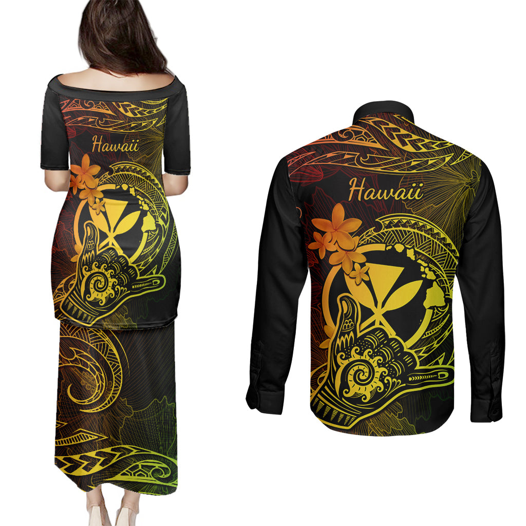 hawaii-couples-matching-puletasi-dress-and-long-sleeve-button-shirts-shaka-tattoo-mix-polynesian-plumeria-reggae-version