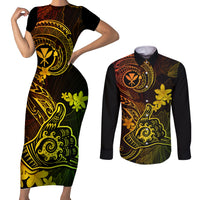 hawaii-couples-matching-short-sleeve-bodycon-dress-and-long-sleeve-button-shirts-shaka-tattoo-mix-polynesian-plumeria-reggae-version