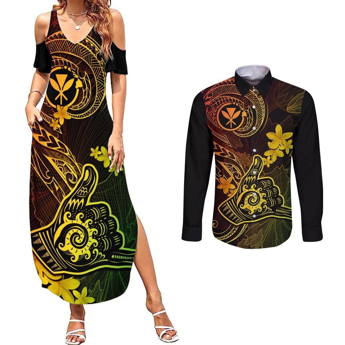Hawaii Couples Matching Summer Maxi Dress and Long Sleeve Button Shirts Shaka Tattoo Mix Polynesian Plumeria Reggae Version LT14 Reggae - Polynesian Pride