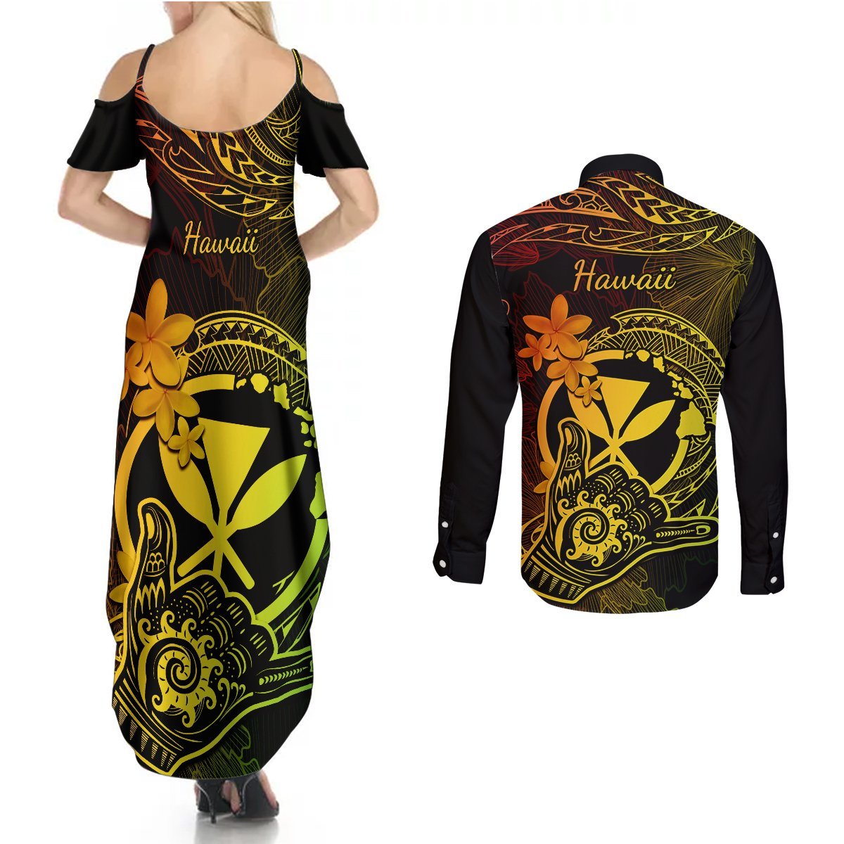 Hawaii Couples Matching Summer Maxi Dress and Long Sleeve Button Shirts Shaka Tattoo Mix Polynesian Plumeria Reggae Version LT14 - Polynesian Pride