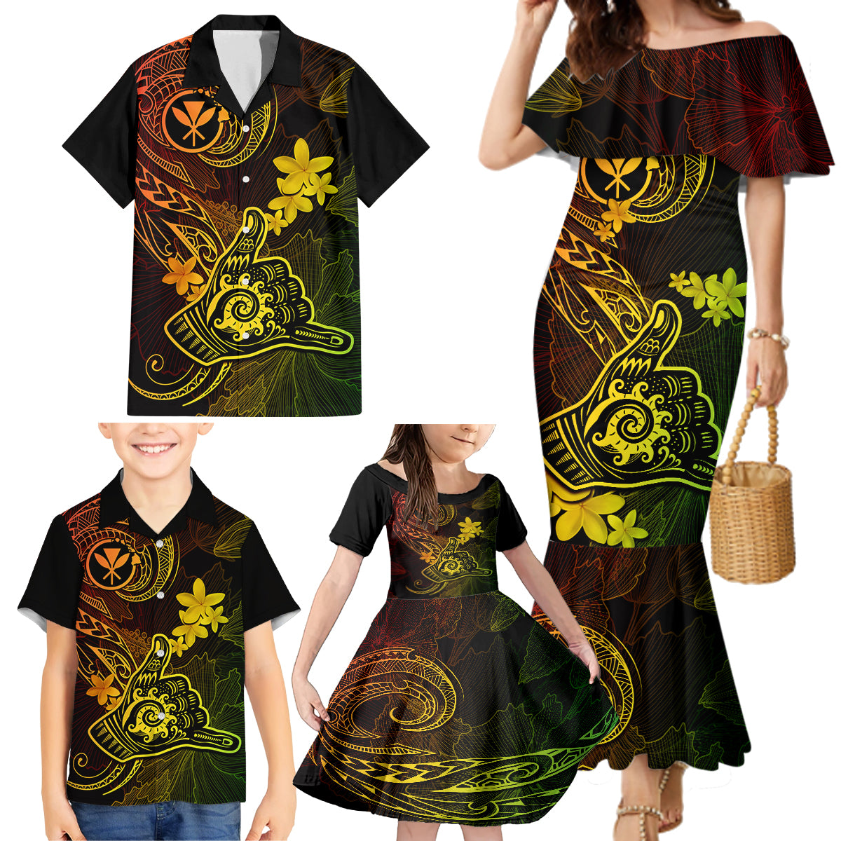 hawaii-family-matching-mermaid-dress-and-hawaiian-shirt-shaka-tattoo-mix-polynesian-plumeria-reggae-version