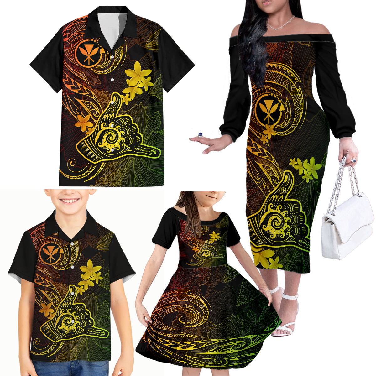 hawaii-family-matching-off-shoulder-long-sleeve-dress-and-hawaiian-shirt-shaka-tattoo-mix-polynesian-plumeria-reggae-version