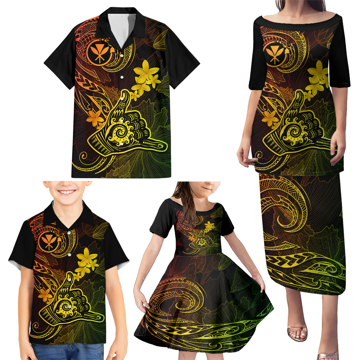 Hawaii Family Matching Puletasi Dress and Hawaiian Shirt Shaka Tattoo Mix Polynesian Plumeria Reggae Version LT14 - Polynesian Pride