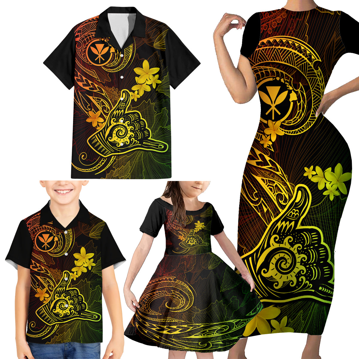 hawaii-family-matching-short-sleeve-bodycon-dress-and-hawaiian-shirt-shaka-tattoo-mix-polynesian-plumeria-reggae-version