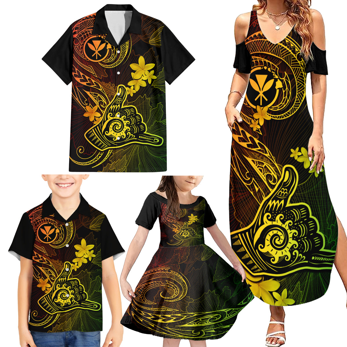 hawaii-family-matching-summer-maxi-dress-and-hawaiian-shirt-shaka-tattoo-mix-polynesian-plumeria-reggae-version