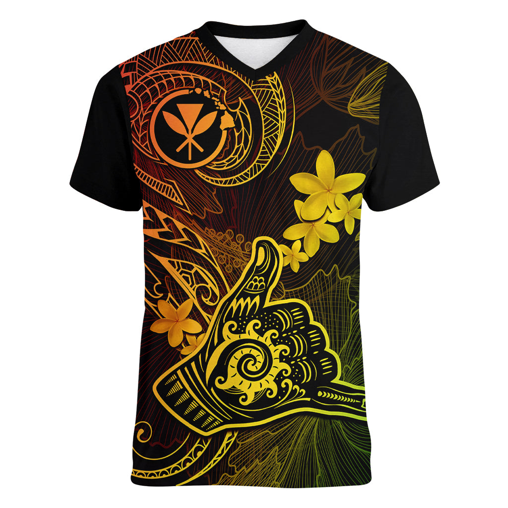 hawaii-women-v-neck-t-shirt-shaka-tattoo-mix-polynesian-plumeria-reggae-version