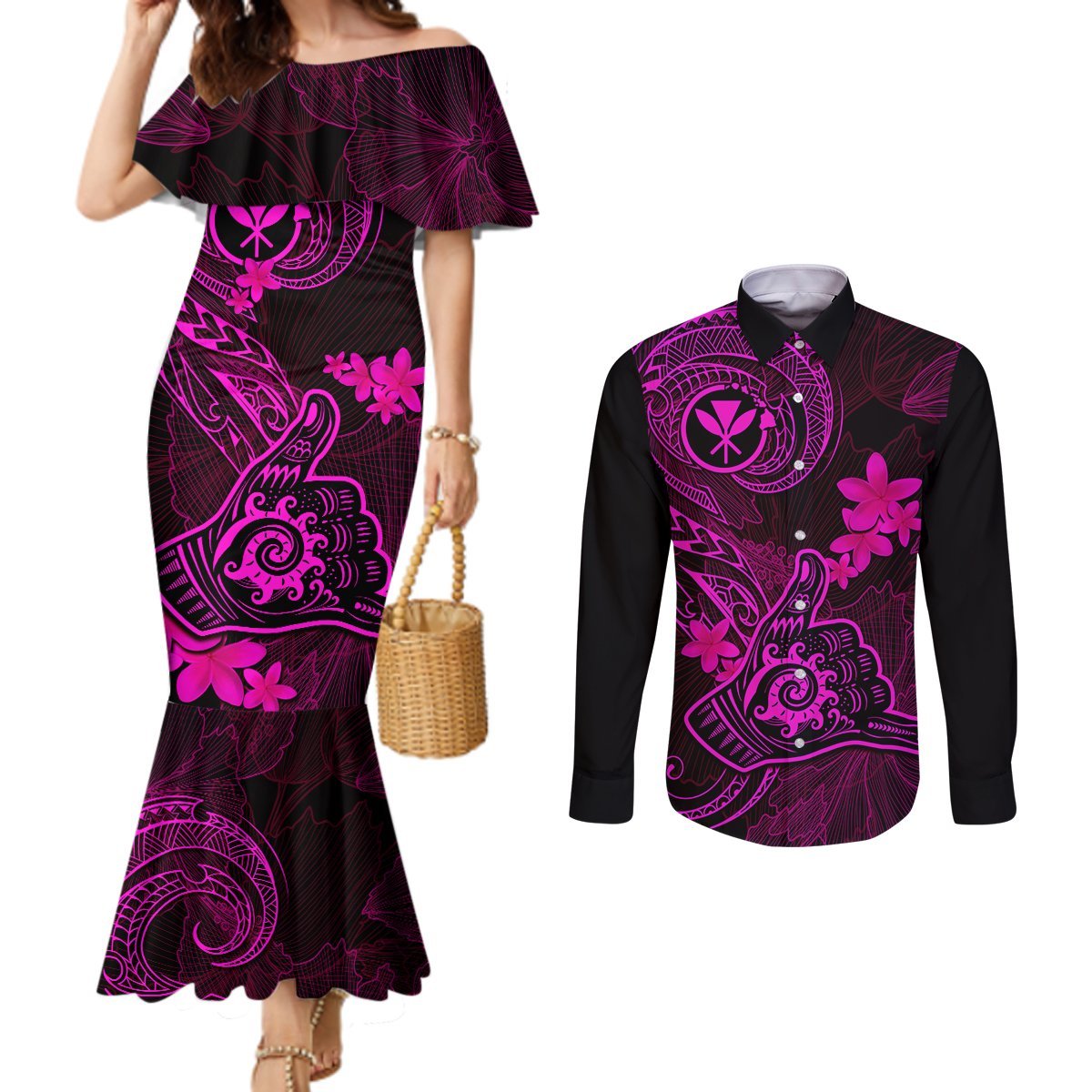 Hawaii Couples Matching Mermaid Dress and Long Sleeve Button Shirts Shaka Tattoo Mix Polynesian Plumeria Pink Version LT14 Pink - Polynesian Pride
