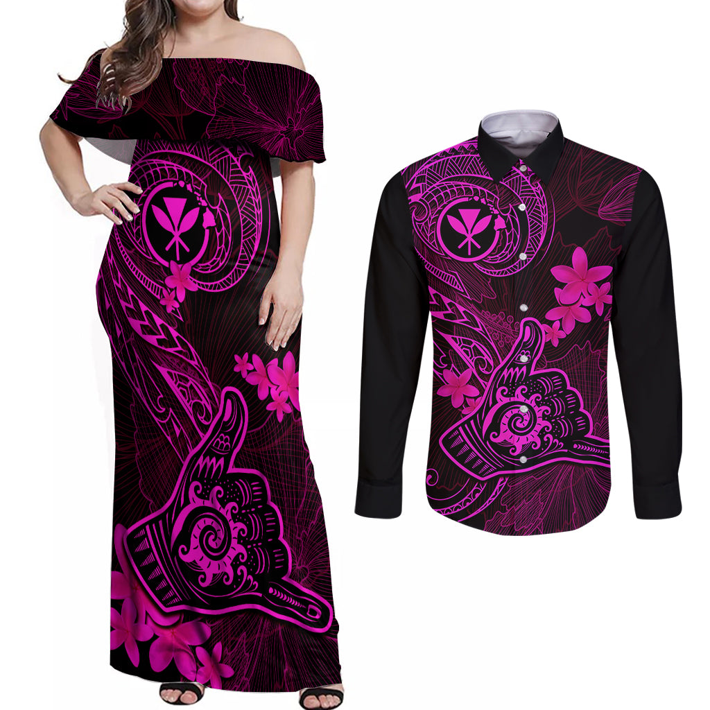 Hawaii Couples Matching Off Shoulder Maxi Dress and Long Sleeve Button Shirts Shaka Tattoo Mix Polynesian Plumeria Pink Version LT14 Pink - Polynesian Pride