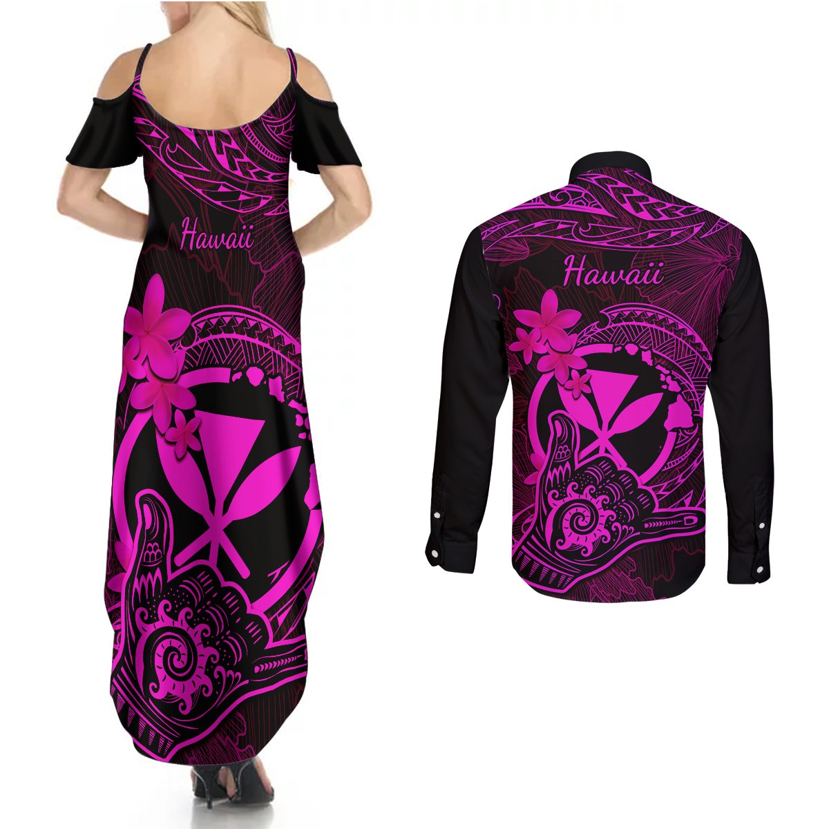 hawaii-couples-matching-summer-maxi-dress-and-long-sleeve-button-shirts-shaka-tattoo-mix-polynesian-plumeria-pink-version