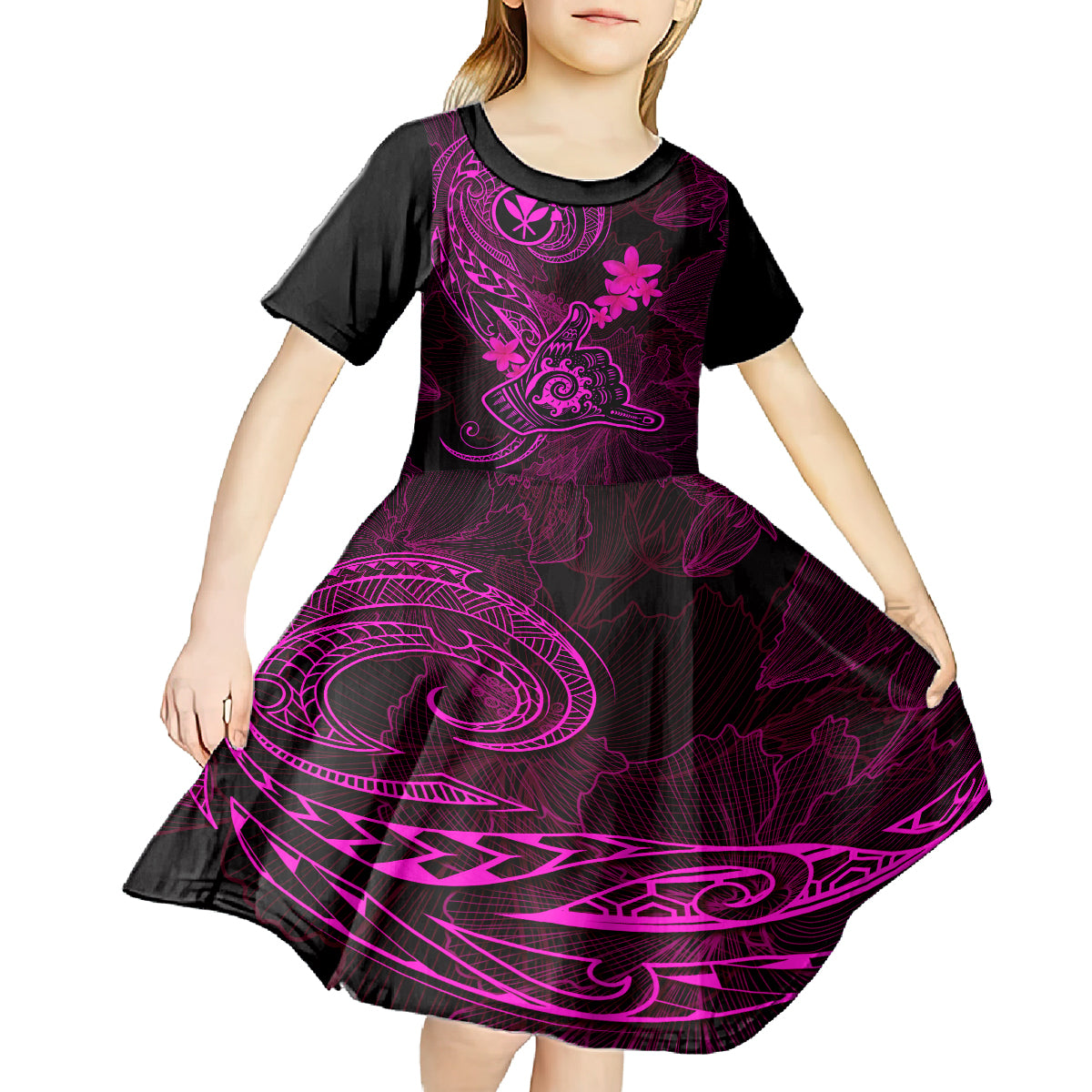 hawaii-kid-short-sleeve-dress-shaka-tattoo-mix-polynesian-plumeria-pink-version