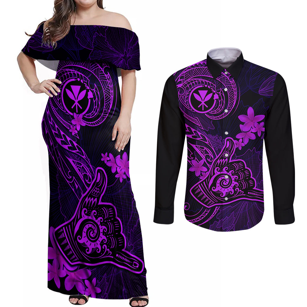 Hawaii Couples Matching Off Shoulder Maxi Dress and Long Sleeve Button Shirts Shaka Tattoo Mix Polynesian Plumeria Purple Version LT14 Purple - Polynesian Pride