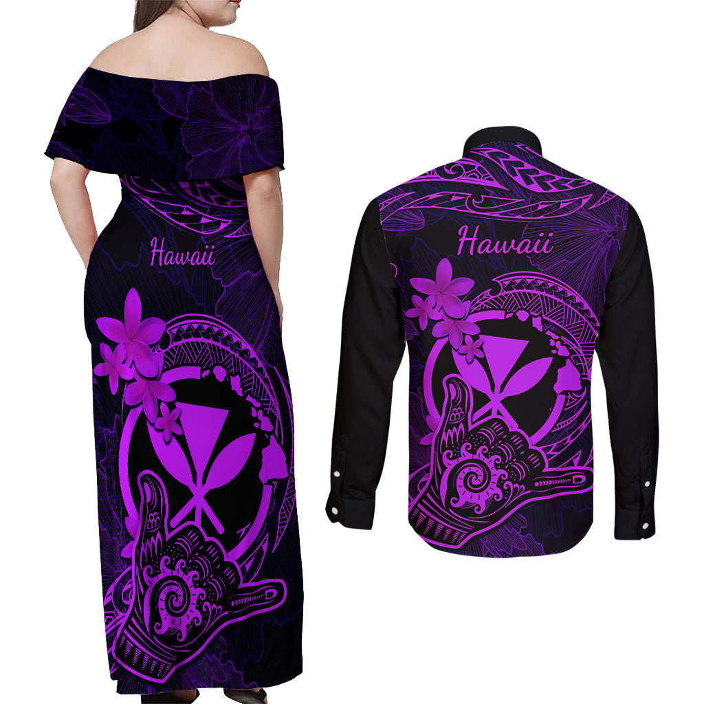 Hawaii Couples Matching Off Shoulder Maxi Dress and Long Sleeve Button Shirts Shaka Tattoo Mix Polynesian Plumeria Purple Version LT14 - Polynesian Pride