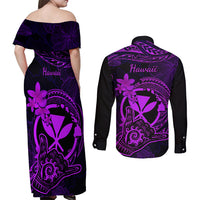 Hawaii Couples Matching Off Shoulder Maxi Dress and Long Sleeve Button Shirts Shaka Tattoo Mix Polynesian Plumeria Purple Version LT14 - Polynesian Pride