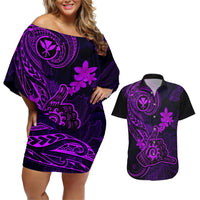 hawaii-couples-matching-off-shoulder-short-dress-and-hawaiian-shirt-shaka-tattoo-mix-polynesian-plumeria-purple-version