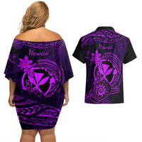 hawaii-couples-matching-off-shoulder-short-dress-and-hawaiian-shirt-shaka-tattoo-mix-polynesian-plumeria-purple-version