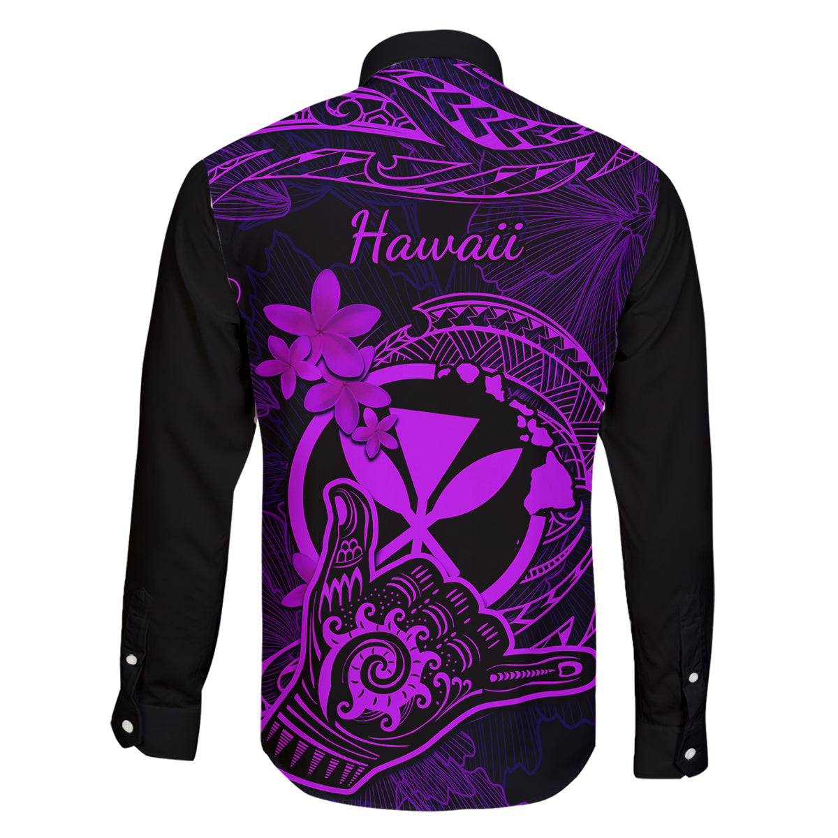 hawaii-family-matching-long-sleeve-bodycon-dress-and-hawaiian-shirt-shaka-tattoo-mix-polynesian-plumeria-purple-version