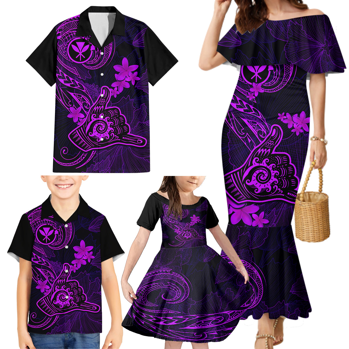 hawaii-family-matching-mermaid-dress-and-hawaiian-shirt-shaka-tattoo-mix-polynesian-plumeria-purple-version