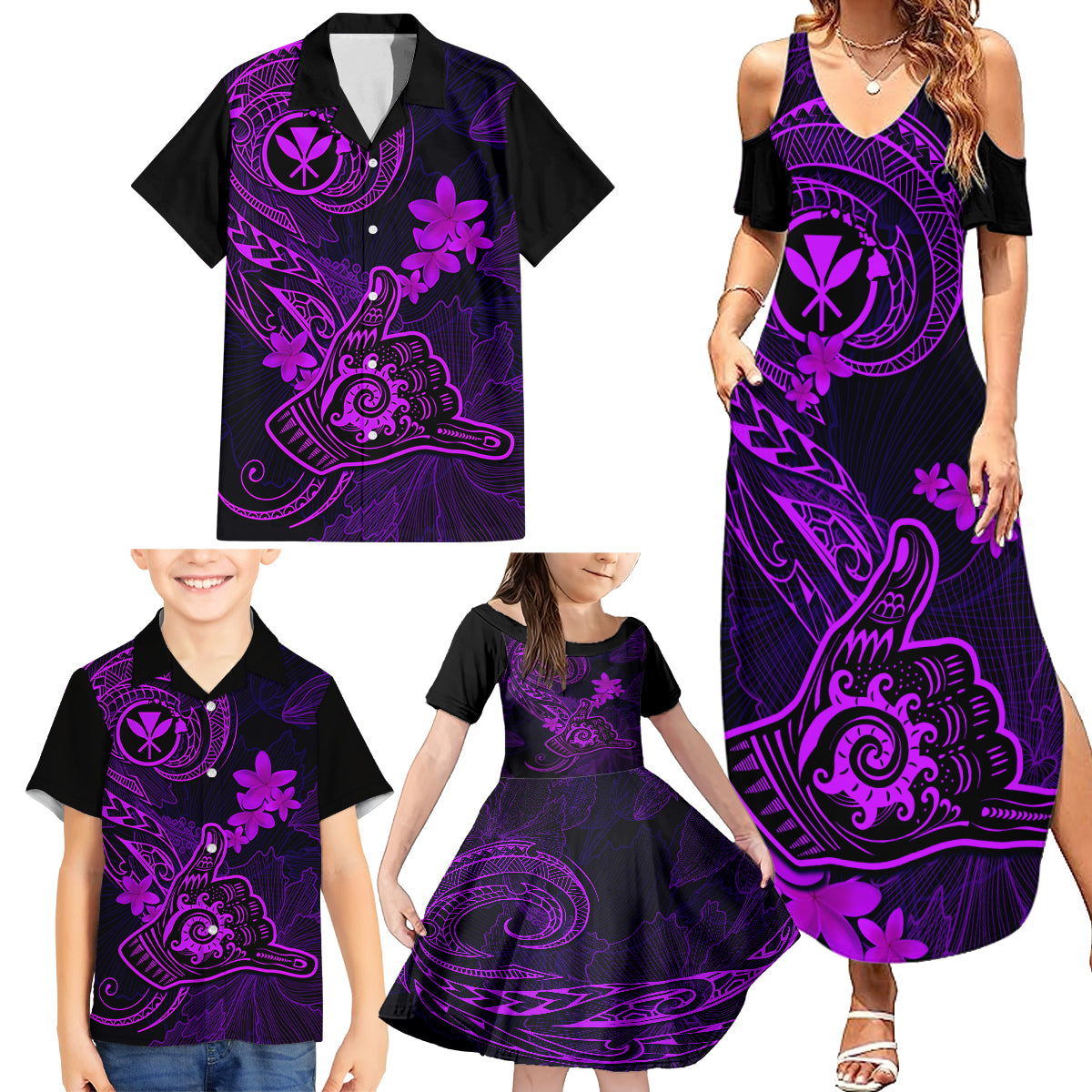 hawaii-family-matching-summer-maxi-dress-and-hawaiian-shirt-shaka-tattoo-mix-polynesian-plumeria-purple-version