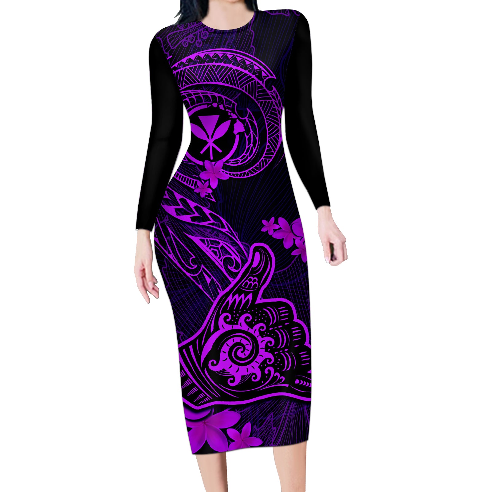Hawaii Long Sleeve Bodycon Dress Shaka Tattoo Mix Polynesian Plumeria -  Polynesian Pride