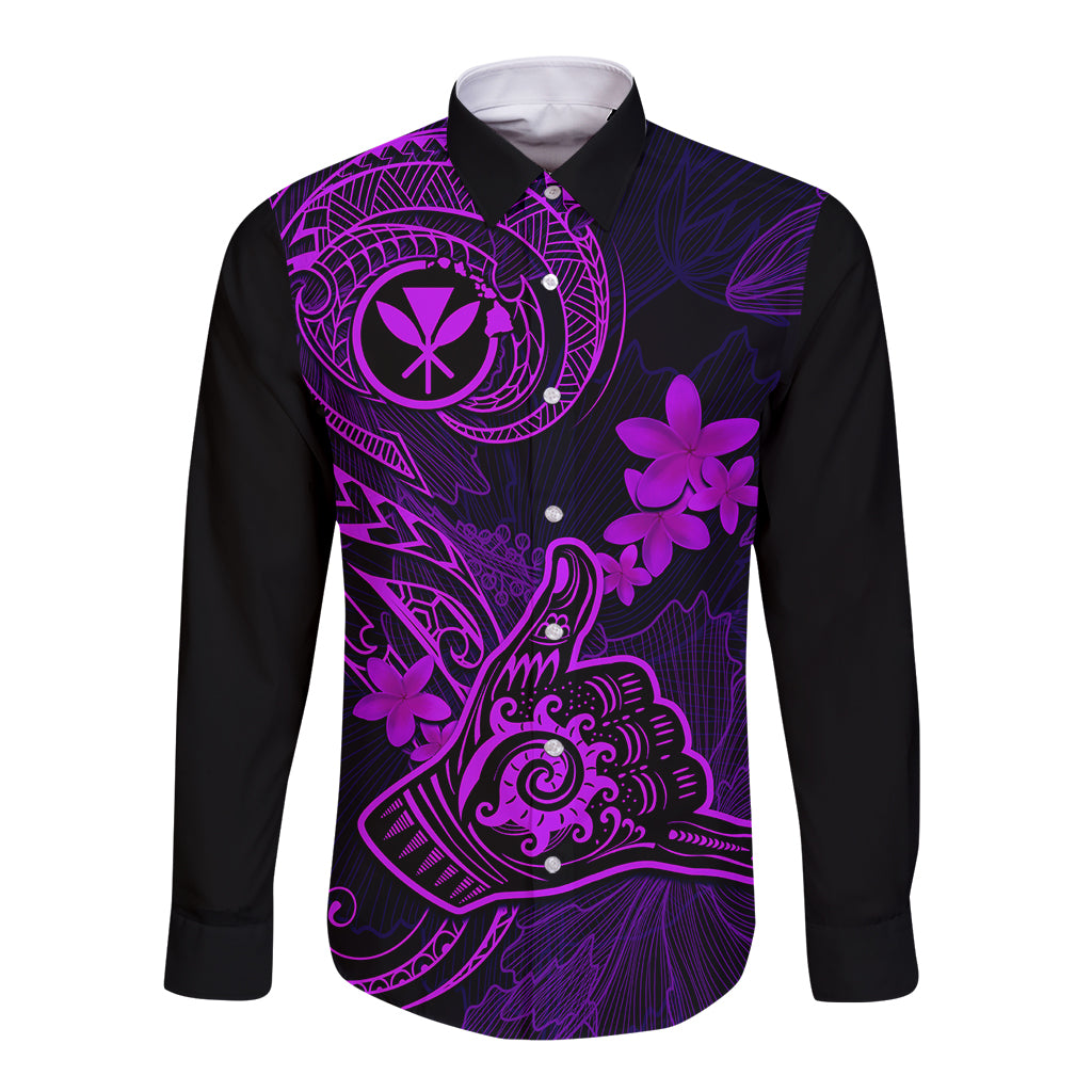 Hawaii Long Sleeve Button Shirt Shaka Tattoo Mix Polynesian Plumeria Purple Version LT14 Unisex Purple - Polynesian Pride