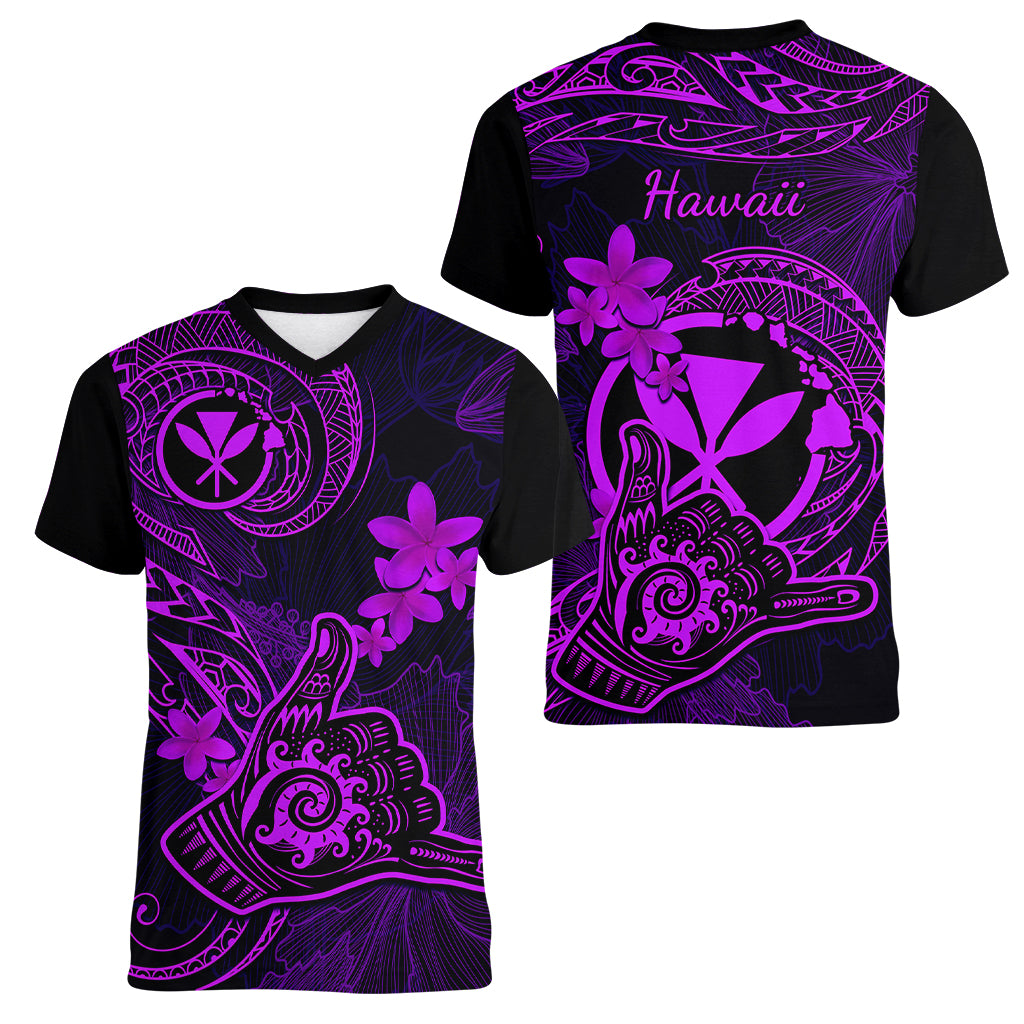 hawaii-women-v-neck-t-shirt-shaka-tattoo-mix-polynesian-plumeria-purple-version