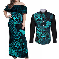Hawaii Couples Matching Off Shoulder Maxi Dress and Long Sleeve Button Shirts Shaka Tattoo Mix Polynesian Plumeria Turquoise Version LT14 Turquoise - Polynesian Pride