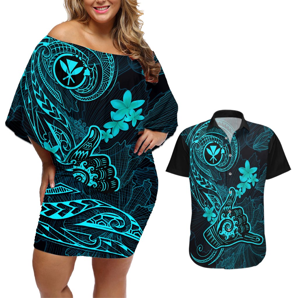 hawaii-couples-matching-off-shoulder-short-dress-and-hawaiian-shirt-shaka-tattoo-mix-polynesian-plumeria-turquoise-version