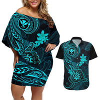 hawaii-couples-matching-off-shoulder-short-dress-and-hawaiian-shirt-shaka-tattoo-mix-polynesian-plumeria-turquoise-version