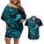 hawaii-couples-matching-off-shoulder-short-dress-and-hawaiian-shirt-shaka-tattoo-mix-polynesian-plumeria-turquoise-version