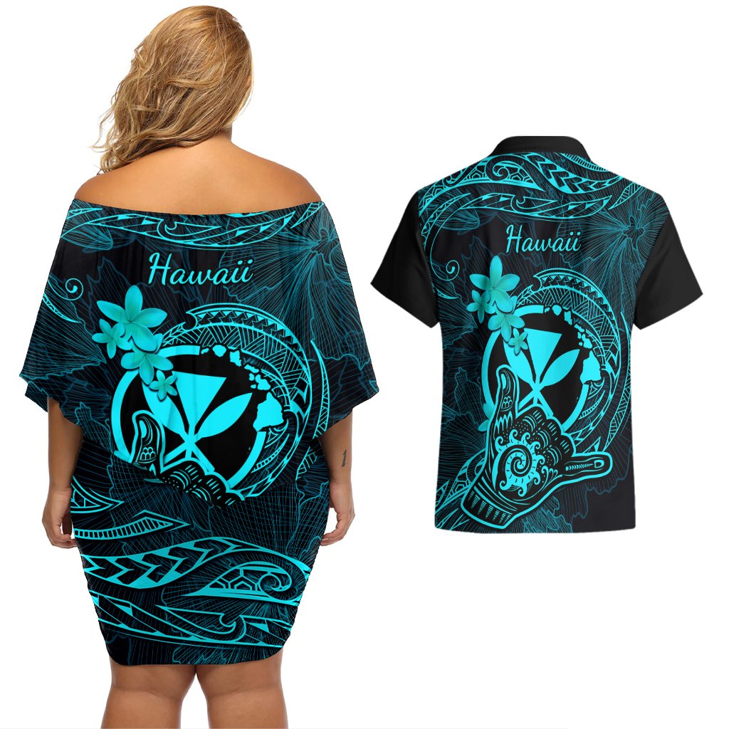 hawaii-couples-matching-off-shoulder-short-dress-and-hawaiian-shirt-shaka-tattoo-mix-polynesian-plumeria-turquoise-version