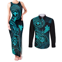 hawaii-couples-matching-tank-maxi-dress-and-long-sleeve-button-shirts-shaka-tattoo-mix-polynesian-plumeria-turquoise-version