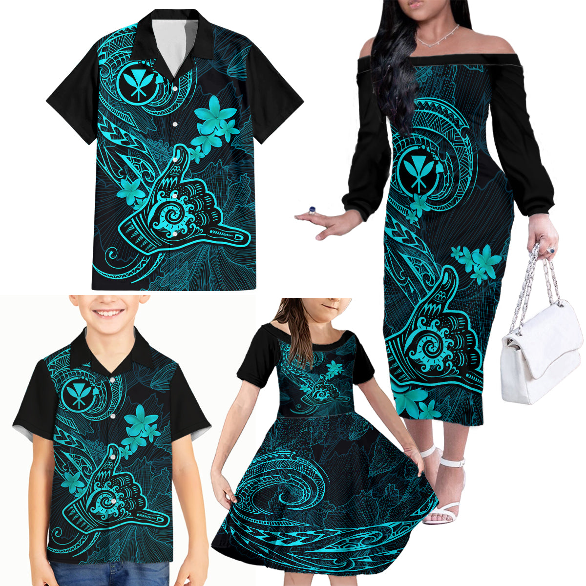 hawaii-family-matching-off-shoulder-long-sleeve-dress-and-hawaiian-shirt-shaka-tattoo-mix-polynesian-plumeria-turquoise-version