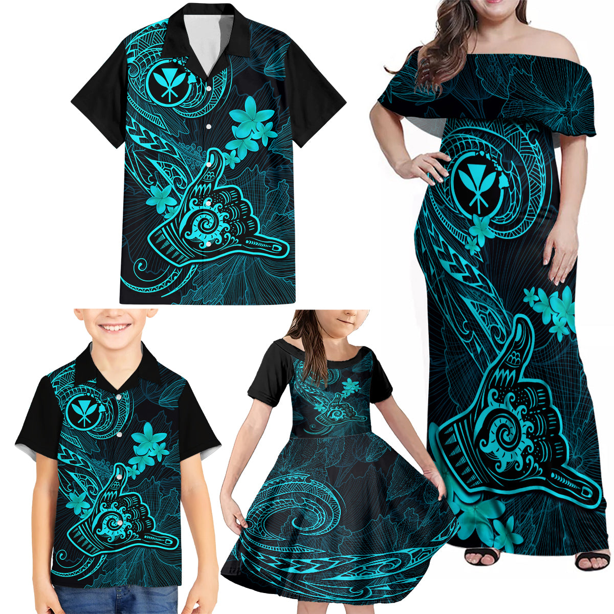hawaii-family-matching-off-shoulder-maxi-dress-and-hawaiian-shirt-shaka-tattoo-mix-polynesian-plumeria-turquoise-version