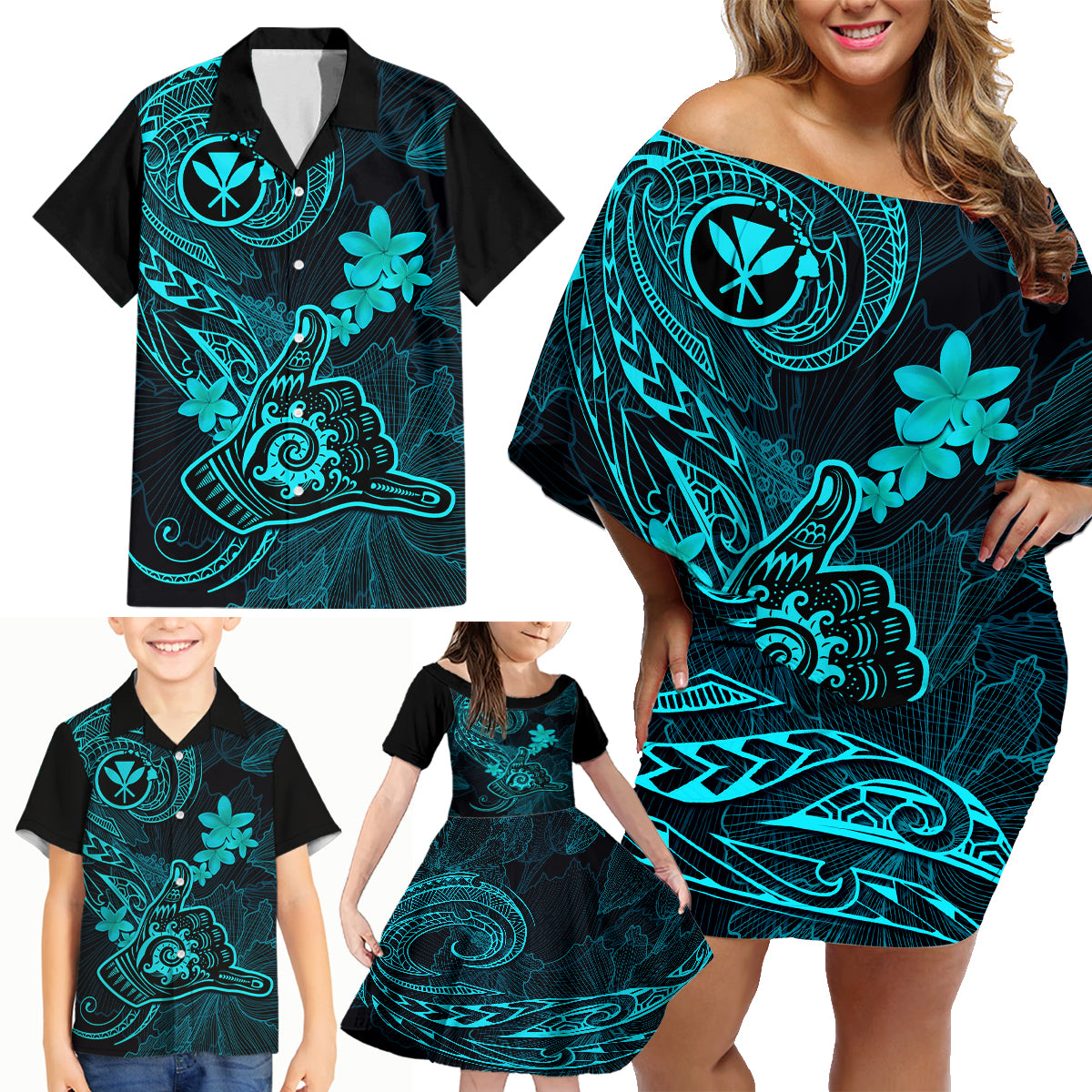 hawaii-family-matching-off-shoulder-short-dress-and-hawaiian-shirt-shaka-tattoo-mix-polynesian-plumeria-turquoise-version
