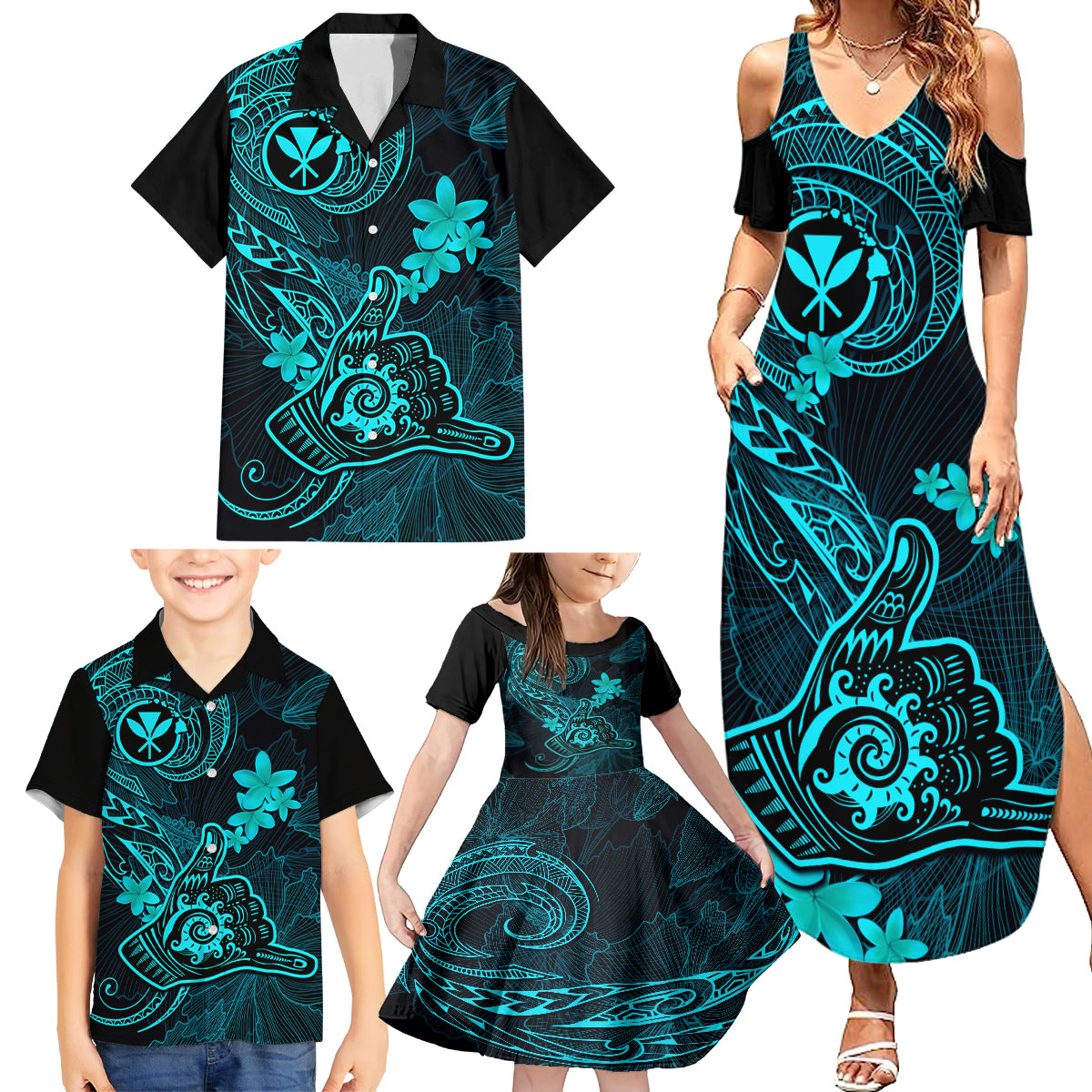 hawaii-family-matching-summer-maxi-dress-and-hawaiian-shirt-shaka-tattoo-mix-polynesian-plumeria-turquoise-version