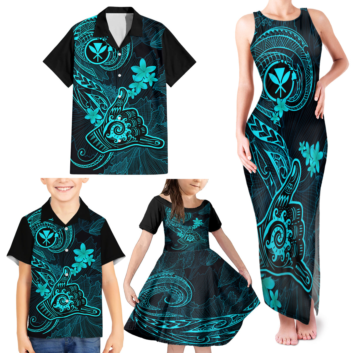 hawaii-family-matching-tank-maxi-dress-and-hawaiian-shirt-shaka-tattoo-mix-polynesian-plumeria-turquoise-version
