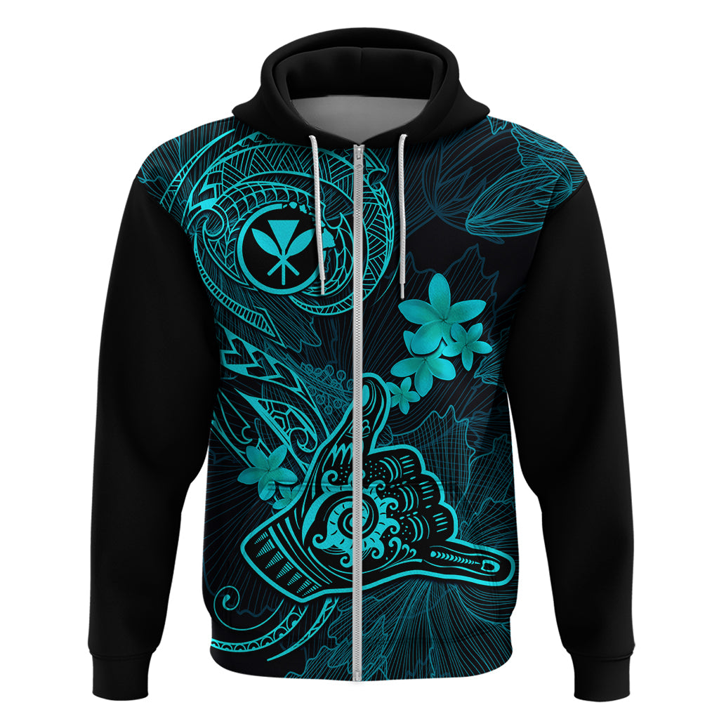 Hawaii Hoodie Shaka Tattoo Mix Polynesian Plumeria Turquoise Version LT14 Zip Hoodie Turquoise - Polynesian Pride