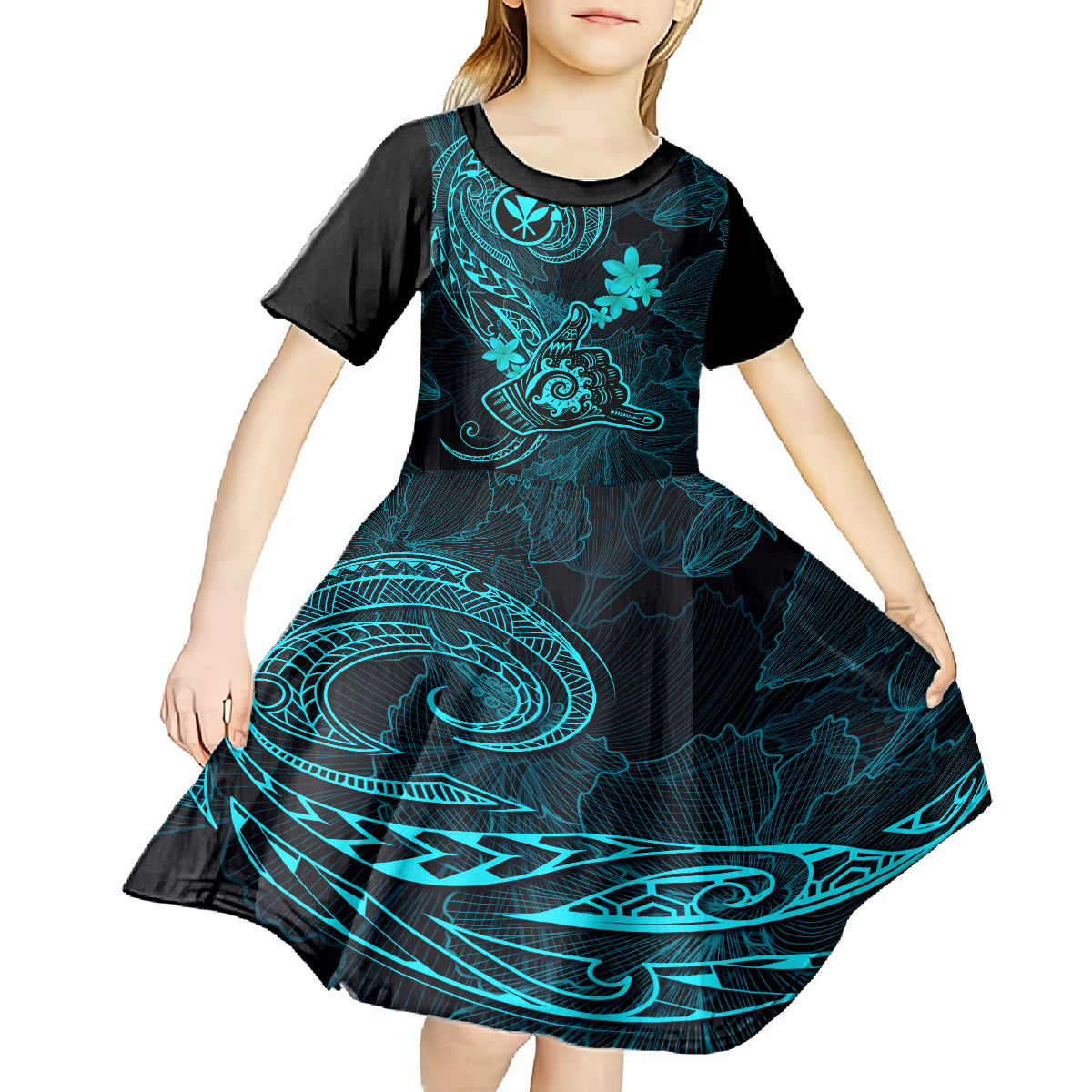 hawaii-kid-short-sleeve-dress-shaka-tattoo-mix-polynesian-plumeria-turquoise-version