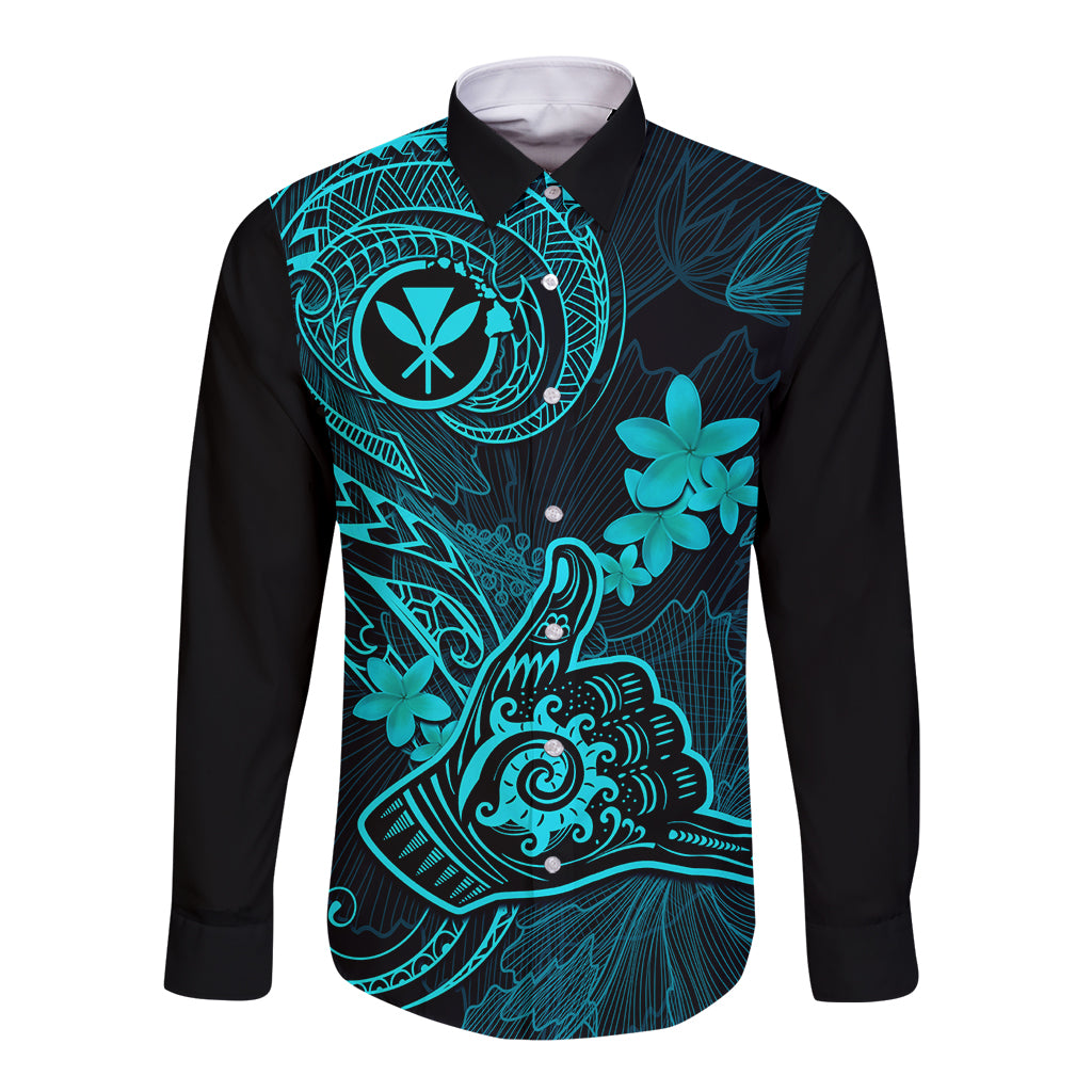 Hawaii Long Sleeve Button Shirt Shaka Tattoo Mix Polynesian Plumeria Turquoise Version LT14 Unisex Turquoise - Polynesian Pride